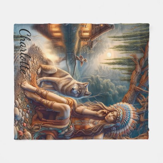 Vreedzame rivier met een wolf vriend fleece deken (Voorkant (Horizontaal))