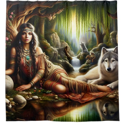 Vreedzame scène: Indiaanse en wolf Douchegordijn (Voorkant)