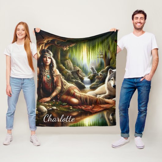 Vreedzame scène: Indiaanse en wolf Fleece Deken (In situ)