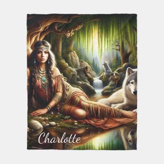 Vreedzame scène: Indiaanse en wolf Fleece Deken (Voorkant)
