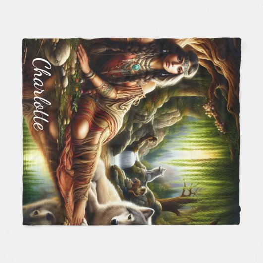 Vreedzame scène: Indiaanse en wolf Fleece Deken (Voorkant (Horizontaal))