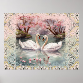 Vreedzame Scene Zwanen op het meer - Blauwgroen Bl Poster