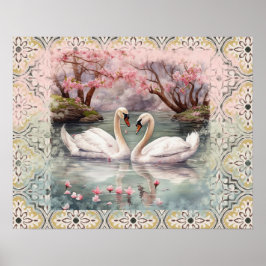 Vreedzame Scene Zwanen op het meer - Blauwgroen Bl Poster