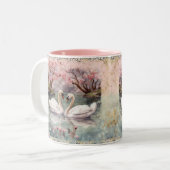 Vreedzame Scene Zwanen op het meer - Blauwgroen Bl Tweekleurige Koffiemok (Voorkant links)