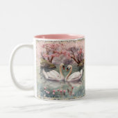 Vreedzame Scene Zwanen op het meer - Blauwgroen Bl Tweekleurige Koffiemok (Links)