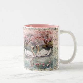 Vreedzame Scene Zwanen op het meer - Blauwgroen Bl Tweekleurige Koffiemok