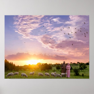 Vreedzame schapen grazend bij zonsondergang Poster