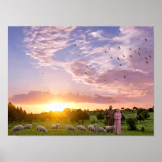 Vreedzame schapen grazend bij zonsondergang Poster