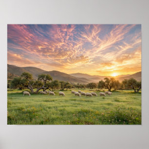 Vreedzame schapen grazend bij zonsondergang Poster