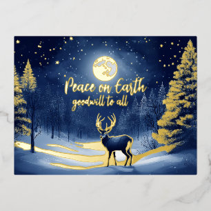 Vreedzame Sneeuw Winterbos Volle Maan en Hert Folie Feestdagen Briefkaart