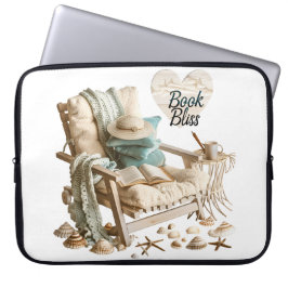 VREEDZAME STRANDSCÈNE MET BOEKEN STOEL DEKENS LAPTOP SLEEVE