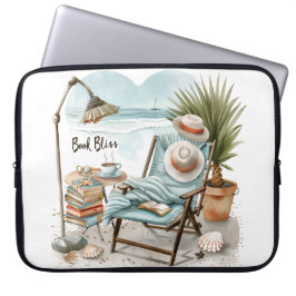 VREEDZAME STRANDSCÈNE MET BOEKEN STOEL DEKENS LAPTOP SLEEVE