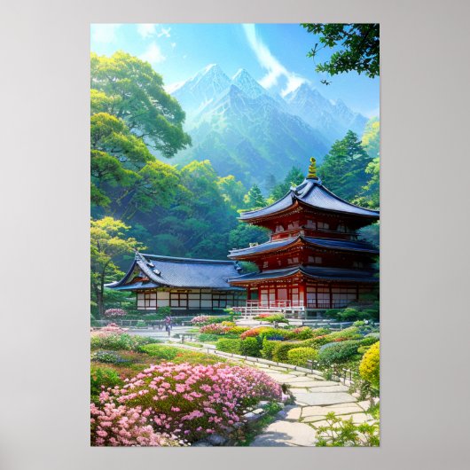 Vreedzame tempel door het bos poster (Voorkant)