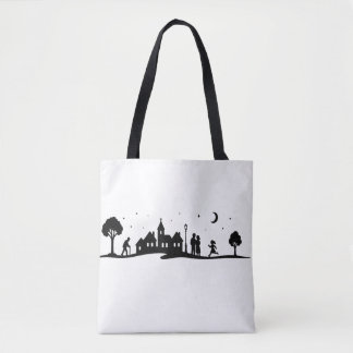 Vreedzame Village Night Silhouette Scene Tote Bag