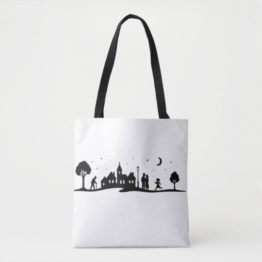 Vreedzame Village Night Silhouette Scene Tote Bag (Voorkant)