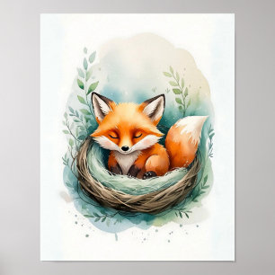Vreedzame Vos Rustend Nest Aquarel Illustratie Poster