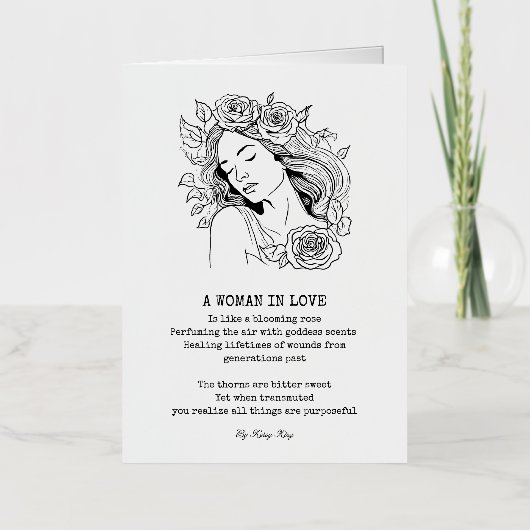 Vreedzame vrouw, zwarte en witte roos folie wenskaart (Voorkant)