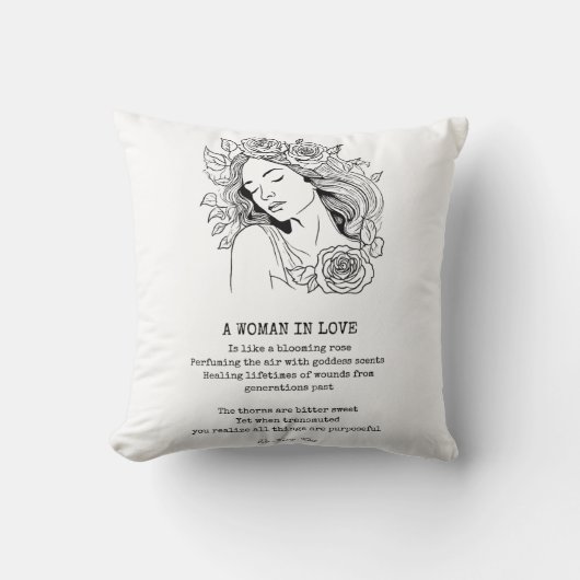 Vreedzame vrouw, zwarte en witte roos kussen (Voorkant)