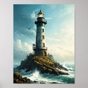 Vreedzame vuurtoren met meeuw in noordelijke zee poster