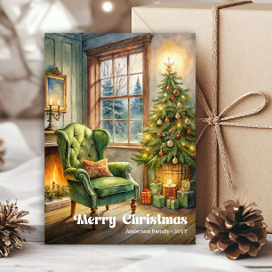 Vreedzame watercolor Kerstscene in zachte tinten Feestdagenkaart