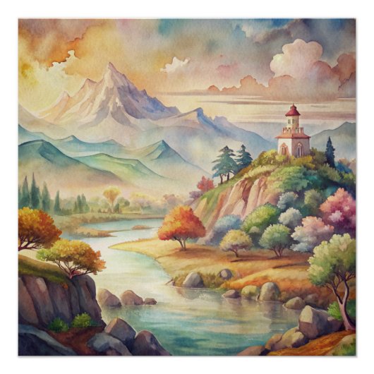 Vreedzame Waterverf Mountain River Scene Perfect Poster (Voorkant)