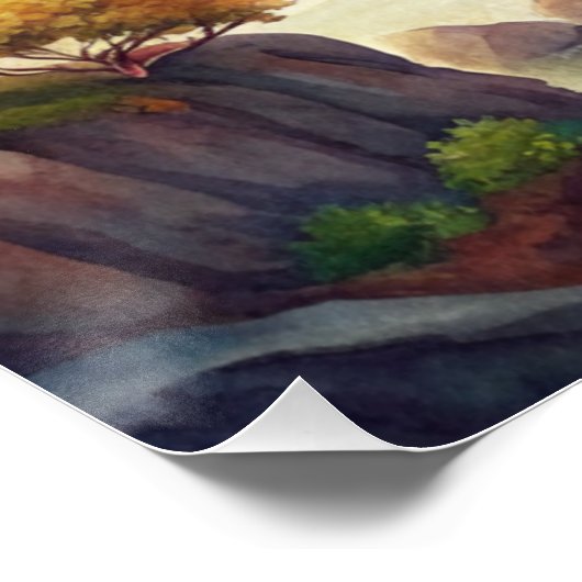 Vreedzame Waterverf Mountain River Scene Perfect Poster (Hoek)