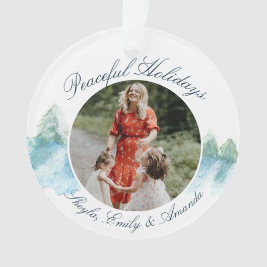 Vreedzame Winter Bos Watercolor Script Foto Ornament (voorkant)