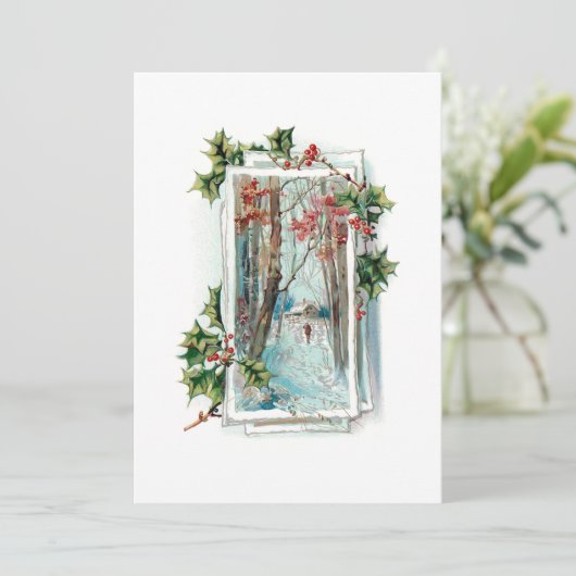 Vreedzame  Winter Sneeuwscène met Holly Feestdagenkaart (Staand voorkant)