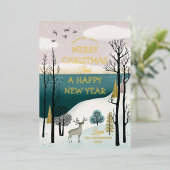 Vreedzame winterbos & herten | Goud Kerstfeest Folie Feestdagenkaart (Staand Voorkant)