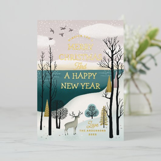 Vreedzame winterbos & herten | Goud Kerstfeest Folie Feestdagenkaart (Staand Voorkant)