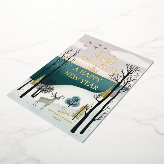 Vreedzame winterbos & herten | Goud Kerstfeest Folie Feestdagenkaart (Gedraaid)