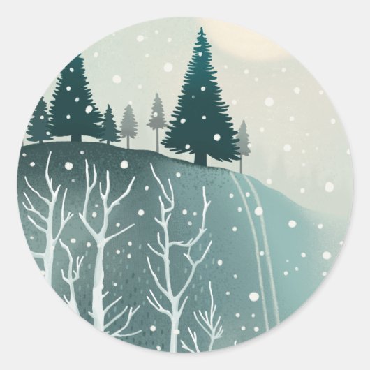 Vreedzame winterbosscène | kerstvakantie ronde sticker (Voorkant)