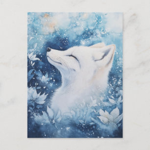 Vreedzame Witte Vos in Blauwe Wintertuin Briefkaart