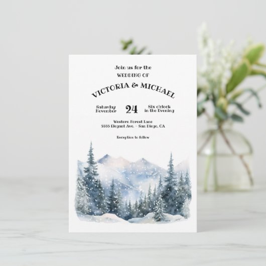 Vreedzame Woodland Pine Trees Sneeuw Berg Bruiloft Kaart (Staand voorkant)