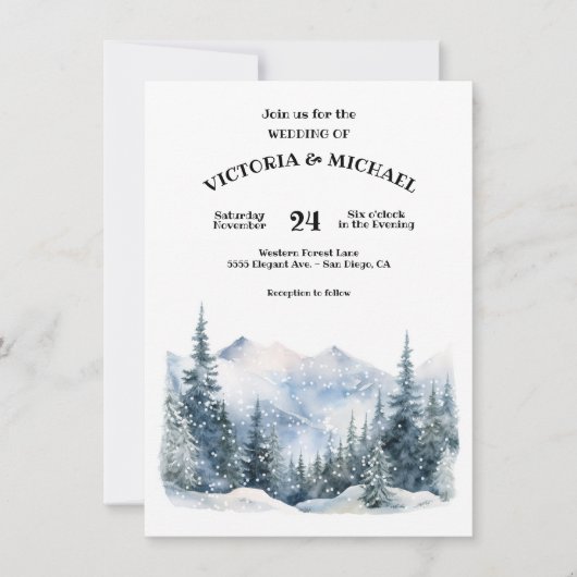 Vreedzame Woodland Pine Trees Sneeuw Berg Bruiloft Kaart (Voorkant)