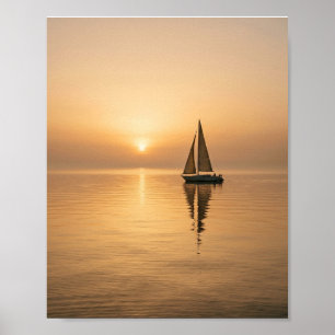 Vreedzame Zeilboot Glijdt over Rustige Zee bij Zon Poster