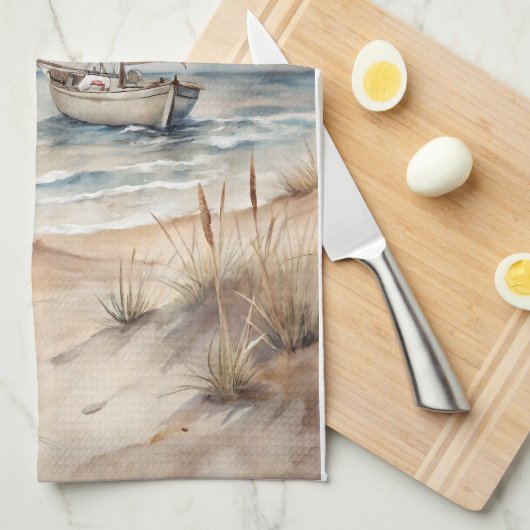 Vreedzame zeilende Waterverf Kust Theedoek (Quarter Fold)