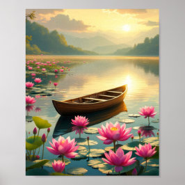 Vreedzame Zonsondergang Aan Het Meer Met Boot En B Poster