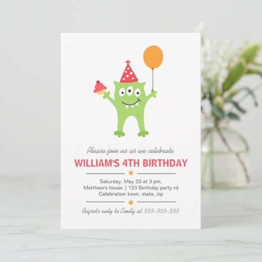 Vreemd monster met ballon en cupcake-verjaardag kaart (Staand voorkant)