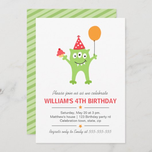 Vreemd monster met ballon en cupcake-verjaardag kaart (Voorkant / Achterkant)