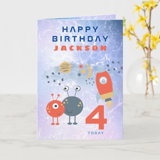 Vreemde 4-jarige verjaardag Lila ruimtevaart Kaart (Gele Bloem)