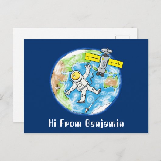 Vreemde astronaut in de ruimte en de cartoon briefkaart (Voorkant / Achterkant)