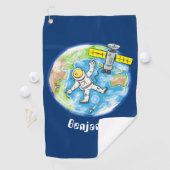 Vreemde astronaut in de ruimte en de cartoon golfhanddoek (Insitu)