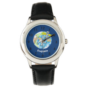 Vreemde astronaut in de ruimte en de cartoon horloge