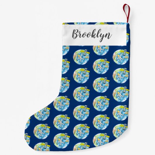 Vreemde astronaut in de ruimte en de cartoon kleine kerstsok (Achterkant)