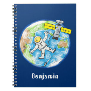 Vreemde astronaut in de ruimte en de cartoon notitieboek
