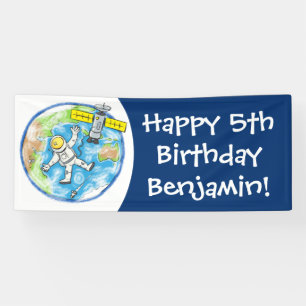 Vreemde astronaut in de ruimte en de cartoon spandoek