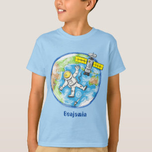 Vreemde astronaut in de ruimte en de cartoon t-shirt