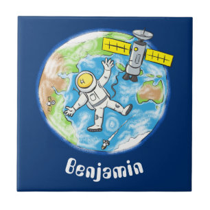 Vreemde astronaut in de ruimte en de cartoon tegeltje