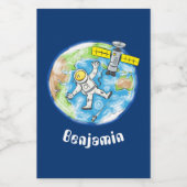 Vreemde astronaut in de ruimte en de cartoon voedselcontainer etiket (Enkel label)